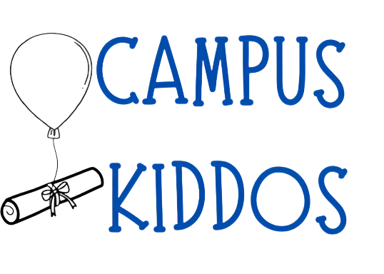 Logo with 'Campus Kiddos' text and a balloon and diploma illustration on a white background
